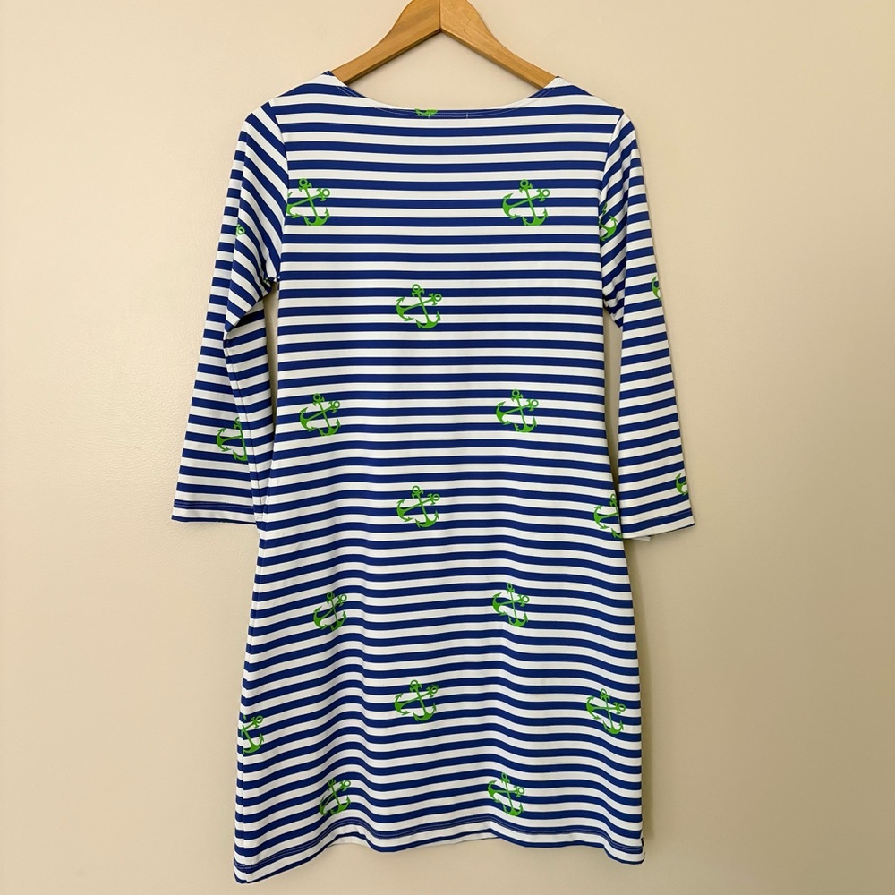 Melly M Nautical Stripe Anchor Dress 3/4 Sleeve Boat Neck Size M Made in USA - Picture 6 of 9